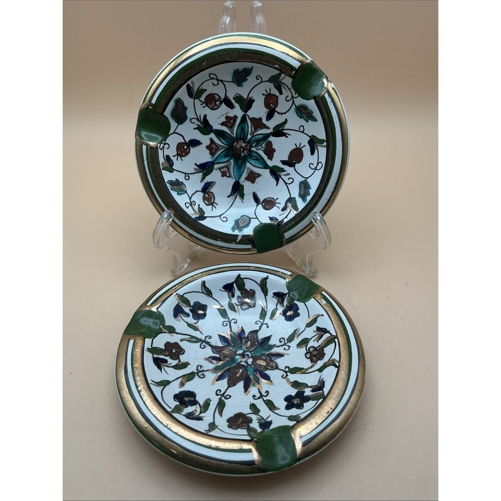 Vintage Kutahia Athens Greek Floral Gold‎ Ceramic 4.25" Ashtrays (2) Handmade